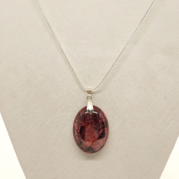Hand Crafted Jewelry - Necklace Oval Crimson and White Marbled Resin